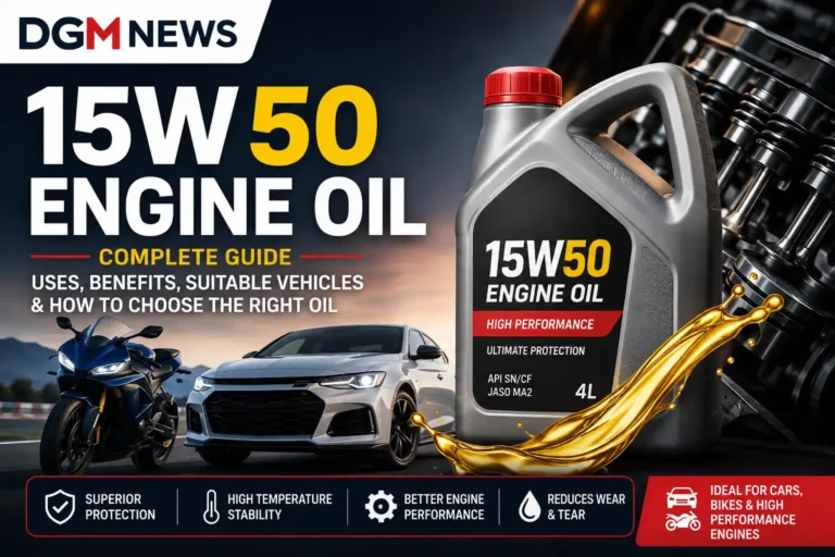 15W50 engine oil bottle beside a modern car and motorcycle engine