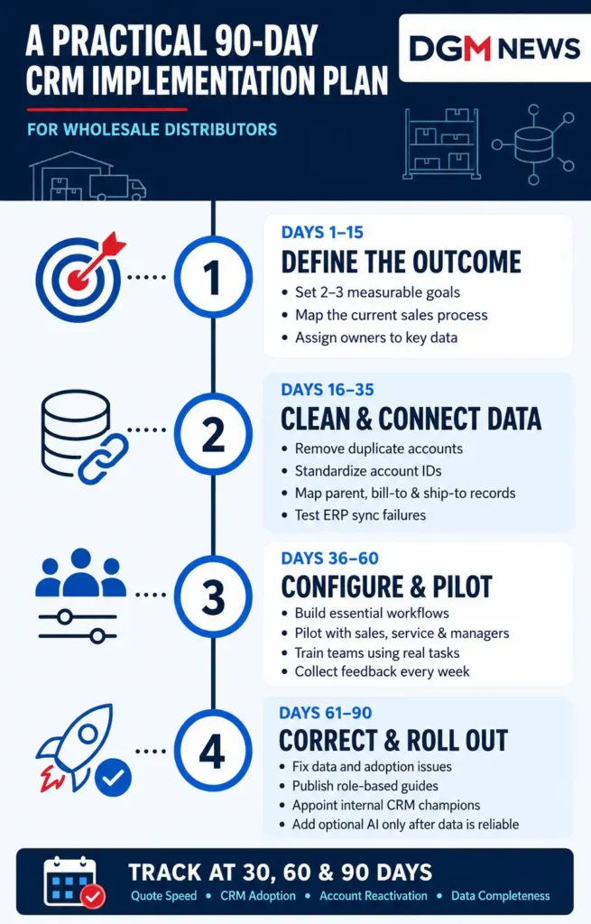 Practical 90-day CRM implementation plan for wholesale distributors.