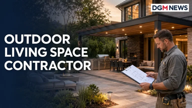 Outdoor living space contractor designing a modern backyard with a patio, pergola and outdoor kitchen