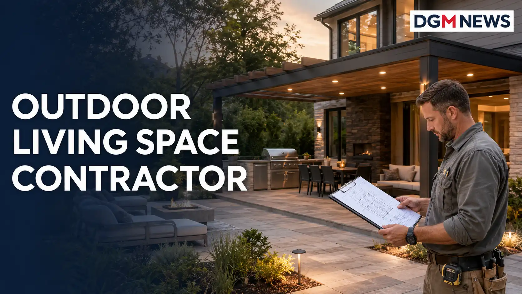 Outdoor living space contractor designing a modern backyard with a patio, pergola and outdoor kitchen